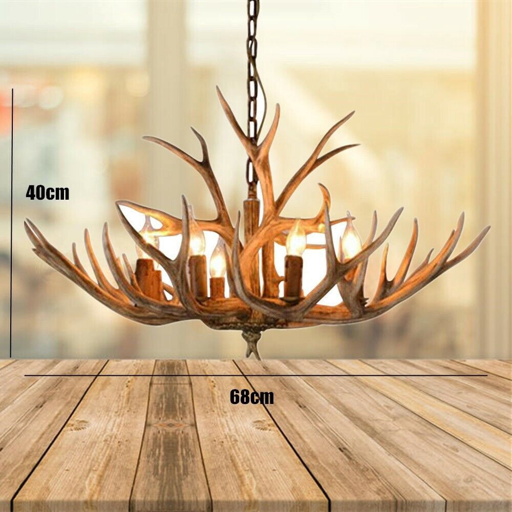 DENEST 110 V Vintage Ceiling Light 6-Heads Deer Antler Chandelier Resin Lamp Home Lighting Fixture