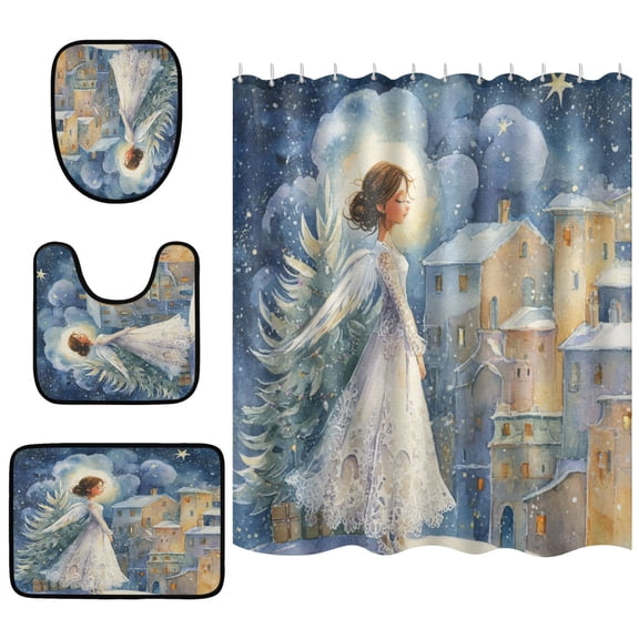Shower Curtain and Rug Sets 4pcs Bathroom Sets Includes 12 Free Hooks 66" x 72" Wedding Angel