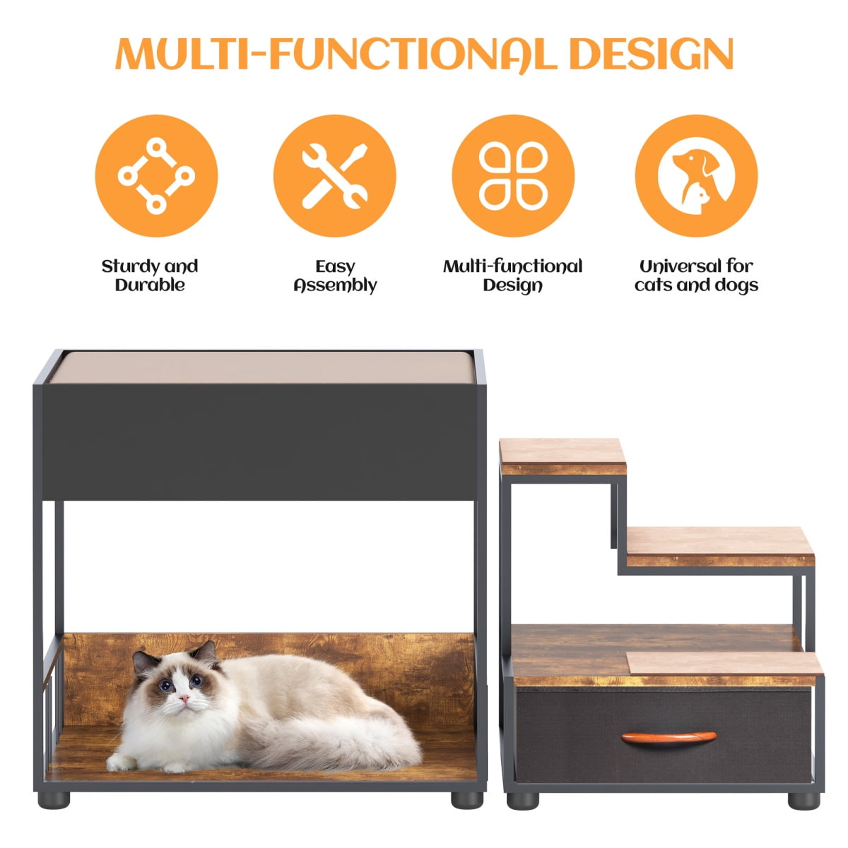 LuckyNote Pet Step Window Perch Bunk Beds, Multi‑Level Platform Dog Bed with Storage Drawer & Removable Cushion, Vintage