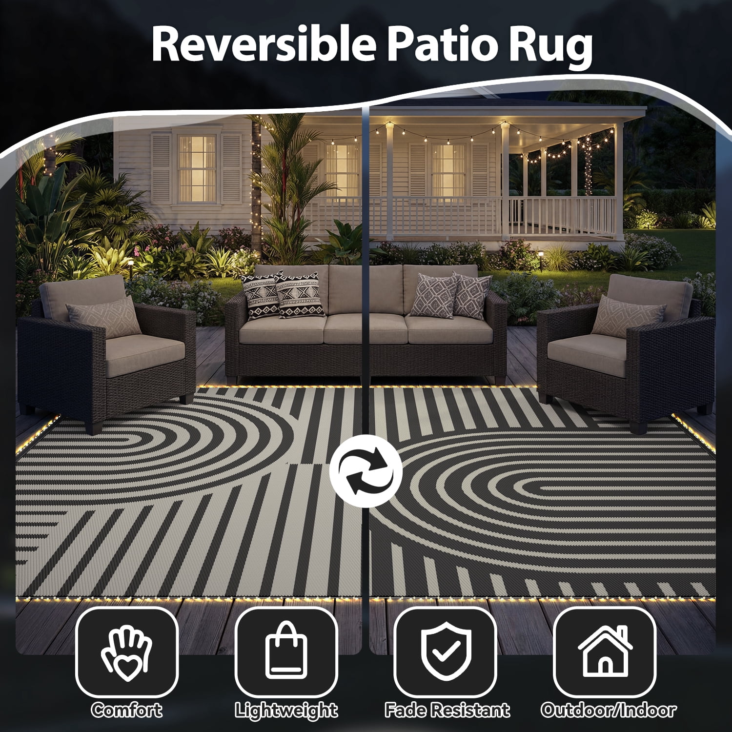 VUNATE Outdoor Rug with LED Strip Lights 8'x10' Waterproof Reversible Patio Rug Plastic Straw Lightweight Indoor Outdoor Rug for RV Camping Deck Balcony Boho Porch Decor Gray and Beige