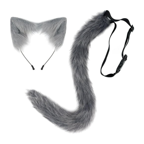 Faux Ears and Tail Set Cosplay Plush Headband for Stage Shows Mardi Gras Grey