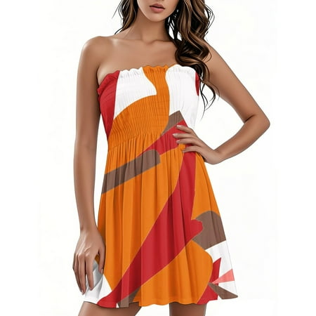 TQWQT Women s Summer Dresses Vacation Beach Swim Cover Up Strapless Striped Color Block Mini Dresses Casual Tube Top Sundresses Light Green M