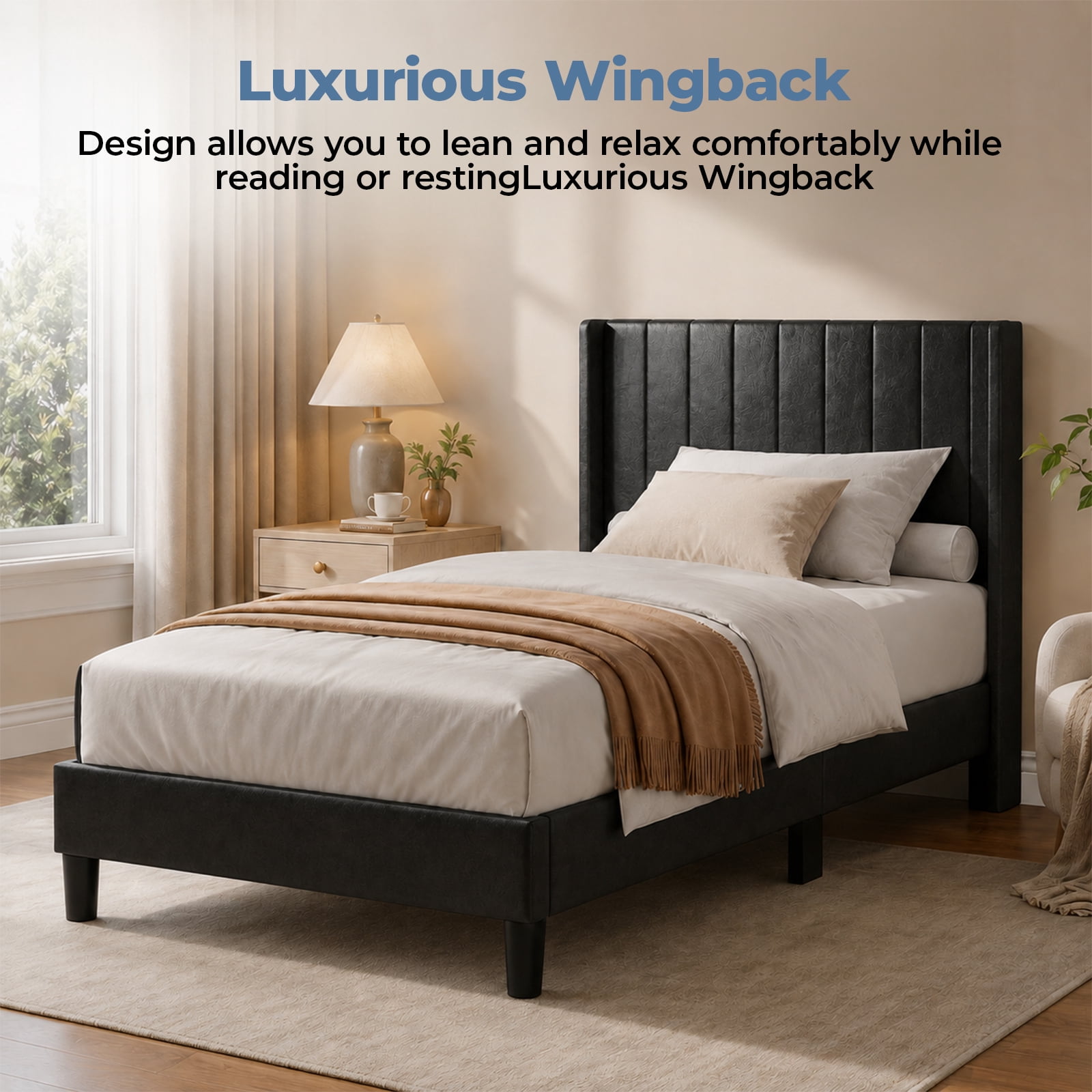 Alvantor Upholstered Bed Frame, Fabric-covered Wing-shaped Headboard and Wooden Crossbars, Bed Frame with Storage Space, Easy Assembly, Noise Free, No Box Spring Needed