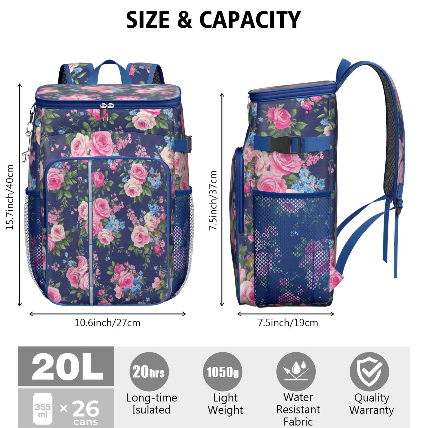 Travel Cooler Bag - Pioneer Flower Floral Print Pattern Camping Beer Cooler Backpack with Bottle Opener- Waterproof Insulated Picnic Backpacks - Cooler Bag for Beach
