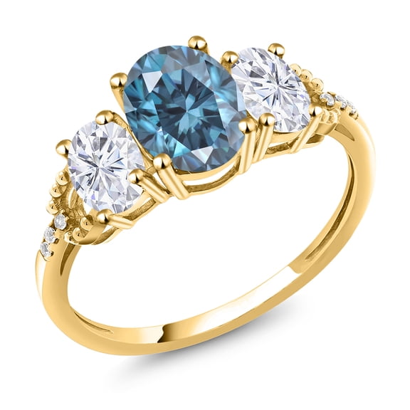 Gem Stone King 10K Yellow Gold Persian Blue Moissanite and White Moissanite and White Diamond 3-Stone Engagement Ring for Women (2.42 Cttw, Oval 8X6MM and 6X4MM, Gemstone Birthstone, Size 5)
