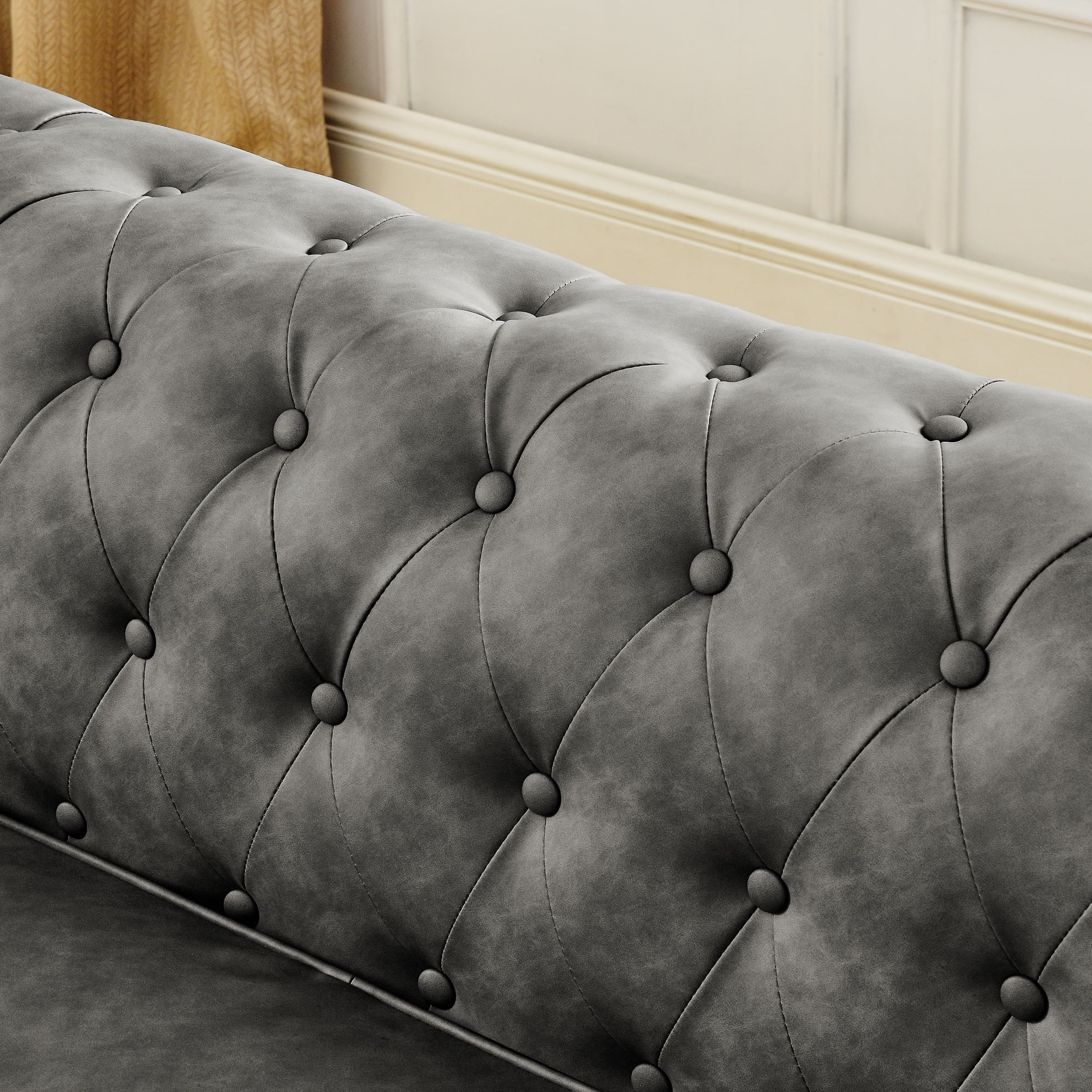 Aukfa 89" Chesterfield Sofa Deep Seat 3-Seater Leather Couch with Tufted Button for Living Room, Rolled Arms, Gray