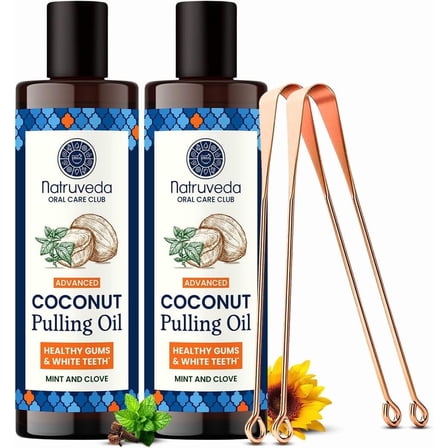 Natruveda Extra Virgin Coconut Oil Pulling for Teeth Whitening, Natural Mint Fresh Breath Mouthwash, Oral Rinse, Ayurvedic, 2 Pack (20 Oz)