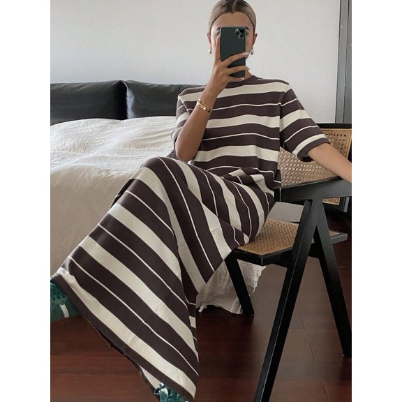 Womens Brown Striped Knit Dress With Round Neck Short Sleeve And Loose