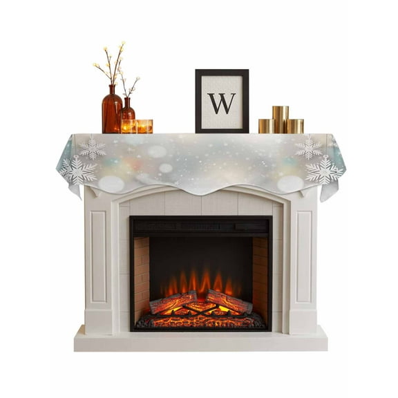 Christmas Snowflakes Fireplace Mantle Scarf, White Sparkle Stars Romantic Xmas Mantel Cover Table Runner for Home Living Room Door Window, Indoor Outdoor Holiday Party Decor 17" x 60"