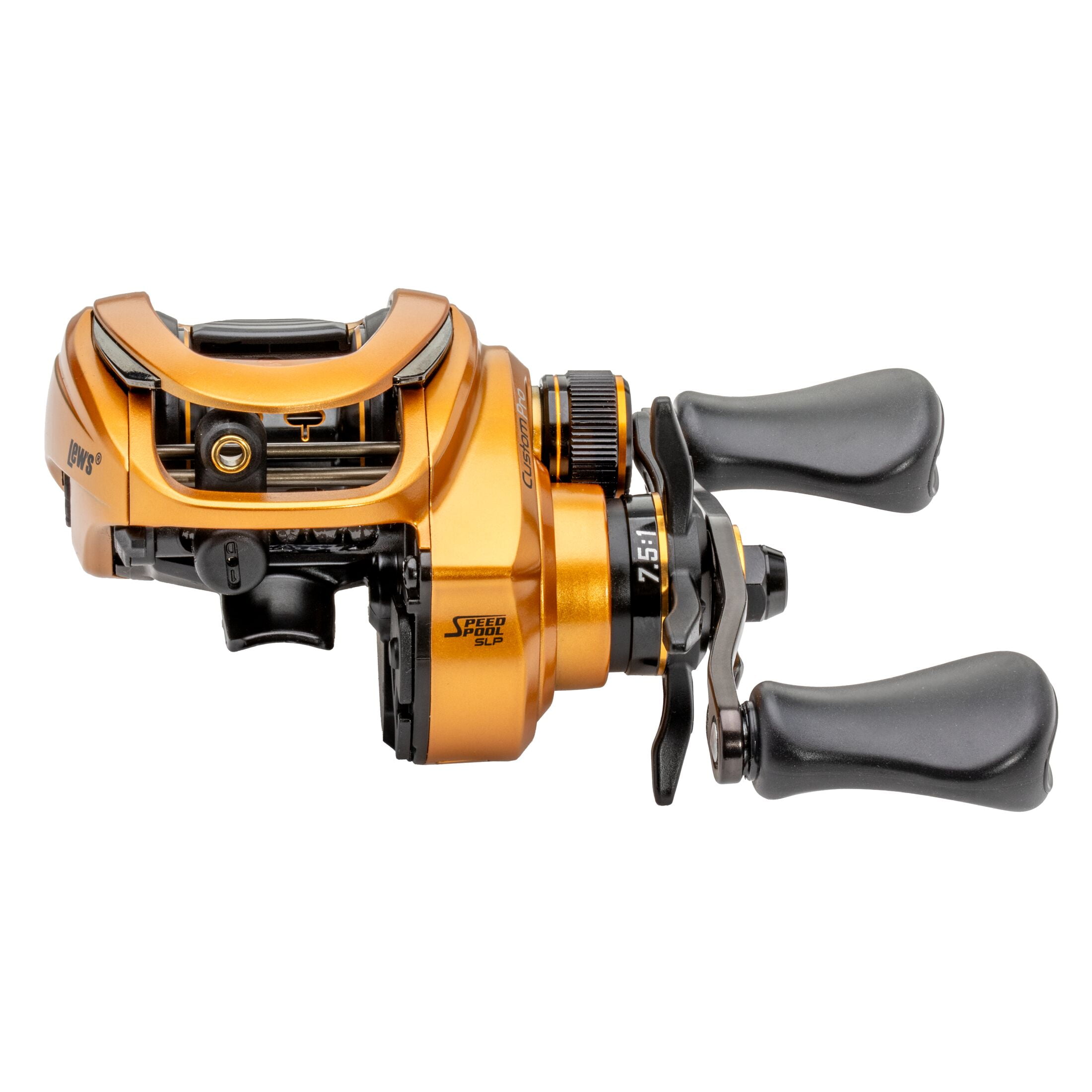 Lew’s Custom Pro Baitcast Fishing Reel, 10+1 Bearings, 7.5:1 Gear Ratio, Aluminum Frame and Sideplate, ParaMag ITB Brake, Aluminum Speed Gears, Carbon Fiber Drag, Left-Hand Retrieve, Gold/Black