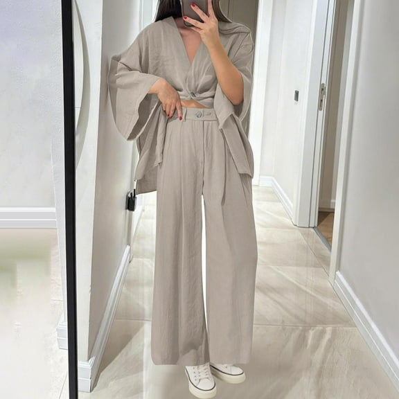 BXINGOHAI Two Piece Linen Sets for Women Pants Casual Dressy Outfit Crop Wide Leg Pants Sets Matching Loungewear Beige 3XL