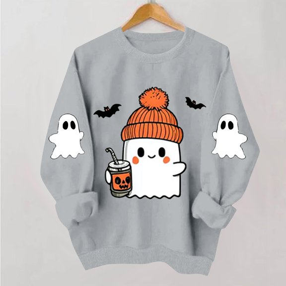 Mifsaly Womens Halloween Sweatshirt Oversized Crewneck Long Sleeve Pullover Tops Cute Ghost Coffee Graphic Casual Fall Sweatshirts Gray,XXL
