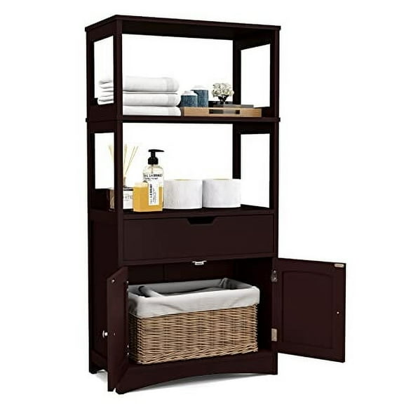 GLACER Large Bathroom Floor Cabinet, Freestanding Multipurpose Storage Cabinet with Drawer, 2 Open Shelves and Cupboard, Excellent for Bathroom, Kitchen or Living Room, 24 x 13 x 4