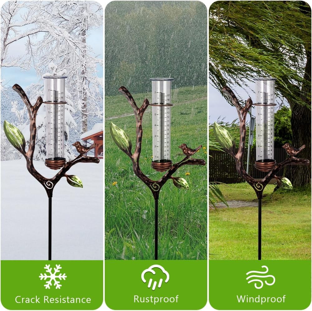 HRTGFD-Rain Gauge Outdoor, Metal Rain Gauge with Stake, 7 Inch Tube Rain Measure Gauge, Decorative Branch Rain Measure Tool for Garden, Lawn, Patio