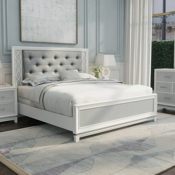 Roundhill Furniture Galaxy Upholstered Tufting Panel Bed with LED Lights in Pearlized White, King