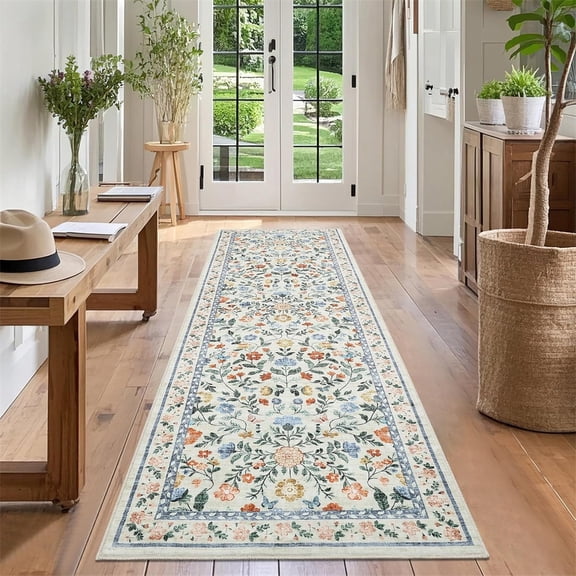 Washable Runner Rug 2x6/5x7/8x10/9x12/10x13ft Non-Slip Non-Shedding Soft Vintage Bedside Rug, Low Pile Farmhouse Floral Carpet, Indoor Foldable Printed Entryway Rug for Hallway Kitchen