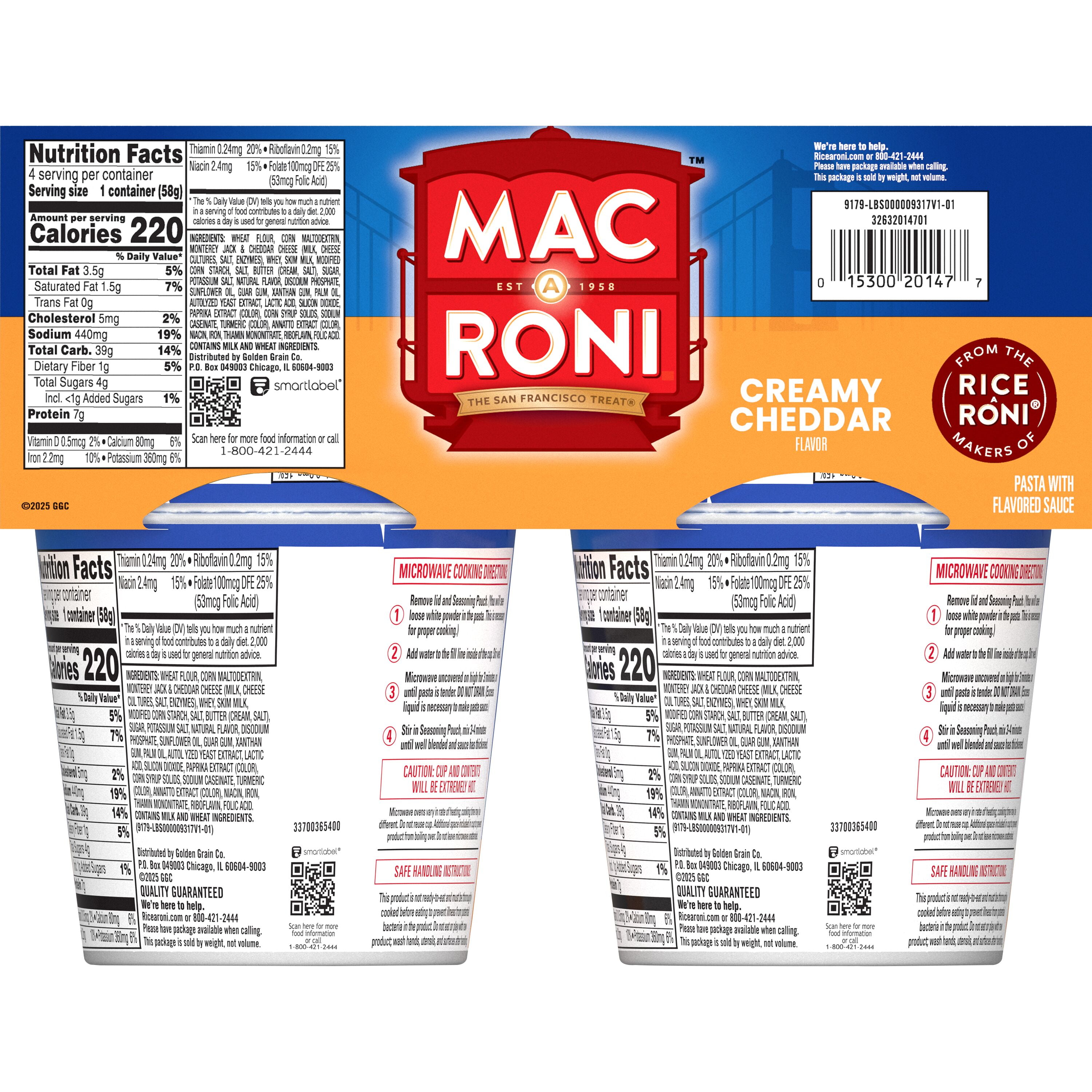 Mac A Roni Pasta with Flavored Sauce Creamy Cheddar, 2.04 oz 4 Count Cups