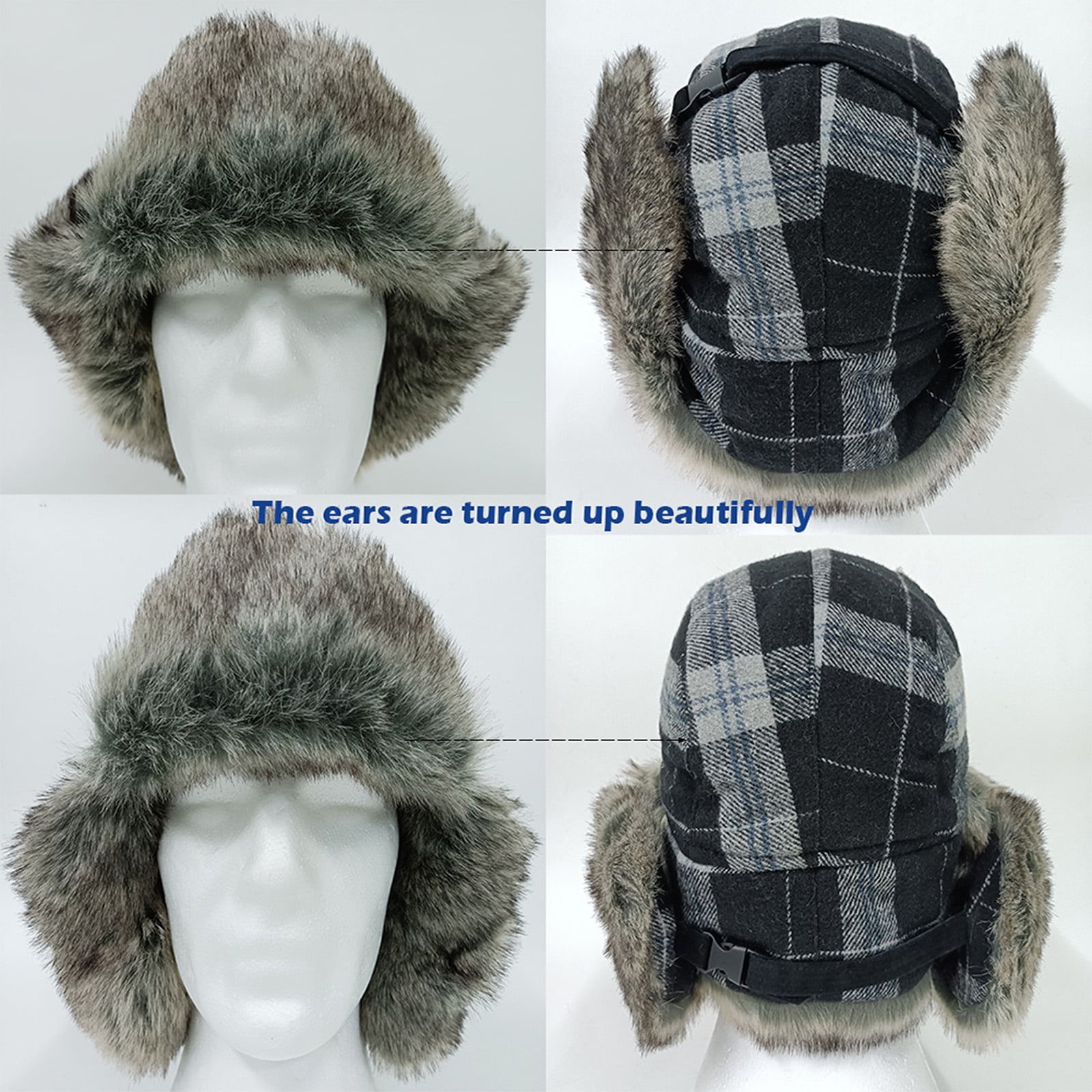 HEYANN Winter Trapper hat,Russian Ushanka Plaid Faux Fur Fuzzy for Men Women with Ear Flaps Eskimo Soviet Pilot Hat