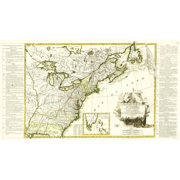 Historic Revolutionary War Map - United States - Lattre 1784 - 23 x 27.95 - Vintage Wall Art