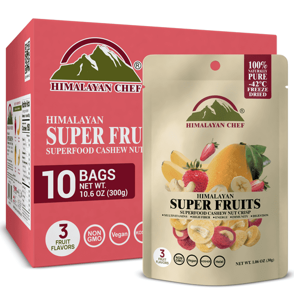 Himalayan Chef Super Reds Freeze-Dried Fruit Cashew Nut Crisps, 30g/each – 10 Pack | 10  Superfood Fruits | Healthy Snacks Packed with Multivitamins, High Fiber & Antioxidants for Energy Boost