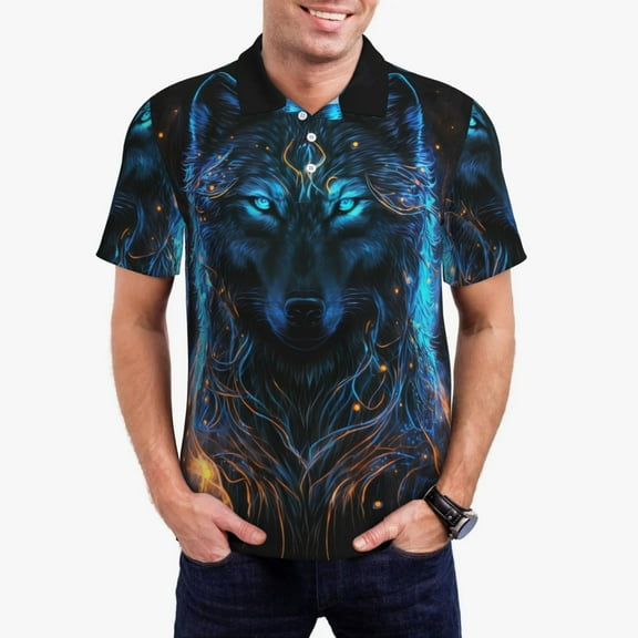 Gukieu Cool Blue Light Wolf Print Men's Quick-drying POLO Shirt, Button-down Summer T-shirt, Suitable for Work and Outdoor Activities-Small