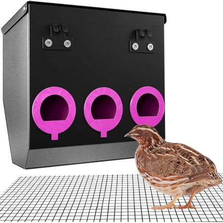 Heavy Duty Galvanized Steel Quail Feeder, Hanging Poultry Feeder with 3 Feeding Ports & Clear Viewing Window, Weatherproof Anti-Spill Dispenser for Quails, Pigeons, and Chicks (Black)