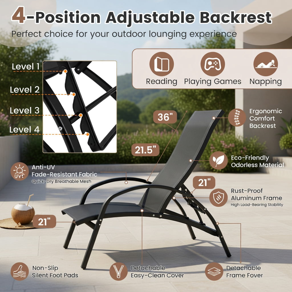 Hommoo 2-in-1 Aluminum Rocking Lounge Chair with 4-Position Adjustable Backrest, Weather-Resistant Patio, Poolside & Balcony Seating, Black