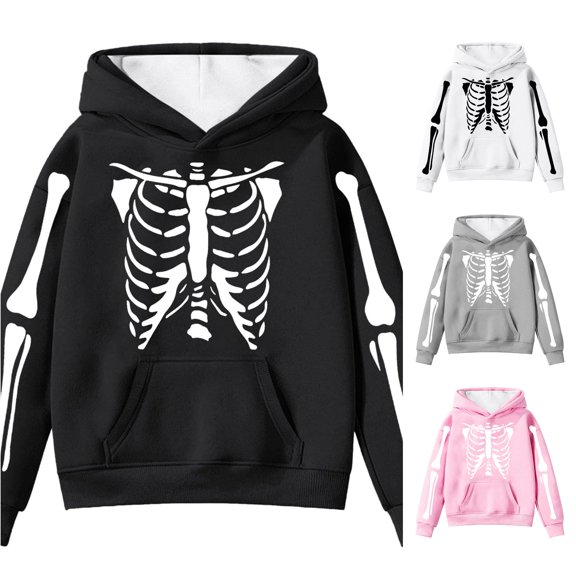 FYDUU Kids Halloween Hoodies Girls Skeleton Graphic Hoodie Pullover Long Sleeve Hooded Sweatshirts with Pocket Soft Casual Tops 12-13 Years