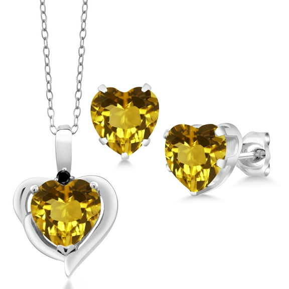 Gem Stone King 4.22 Ct Heart Shape Citrine Black Diamond 925 Silver Pendant and Earrings Jewelry Set