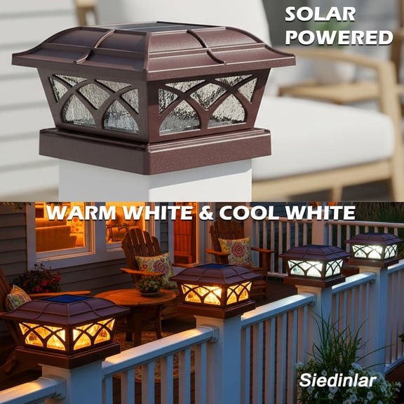 PYAN-Solar Post Cap Lights Outdoor Glass 2 Color Modes 8 LEDs for 4x4 5x5 6x6 Posts Deck Fence Patio Decoration Warm White & Cool White Lighting Brown (1 Pack)
