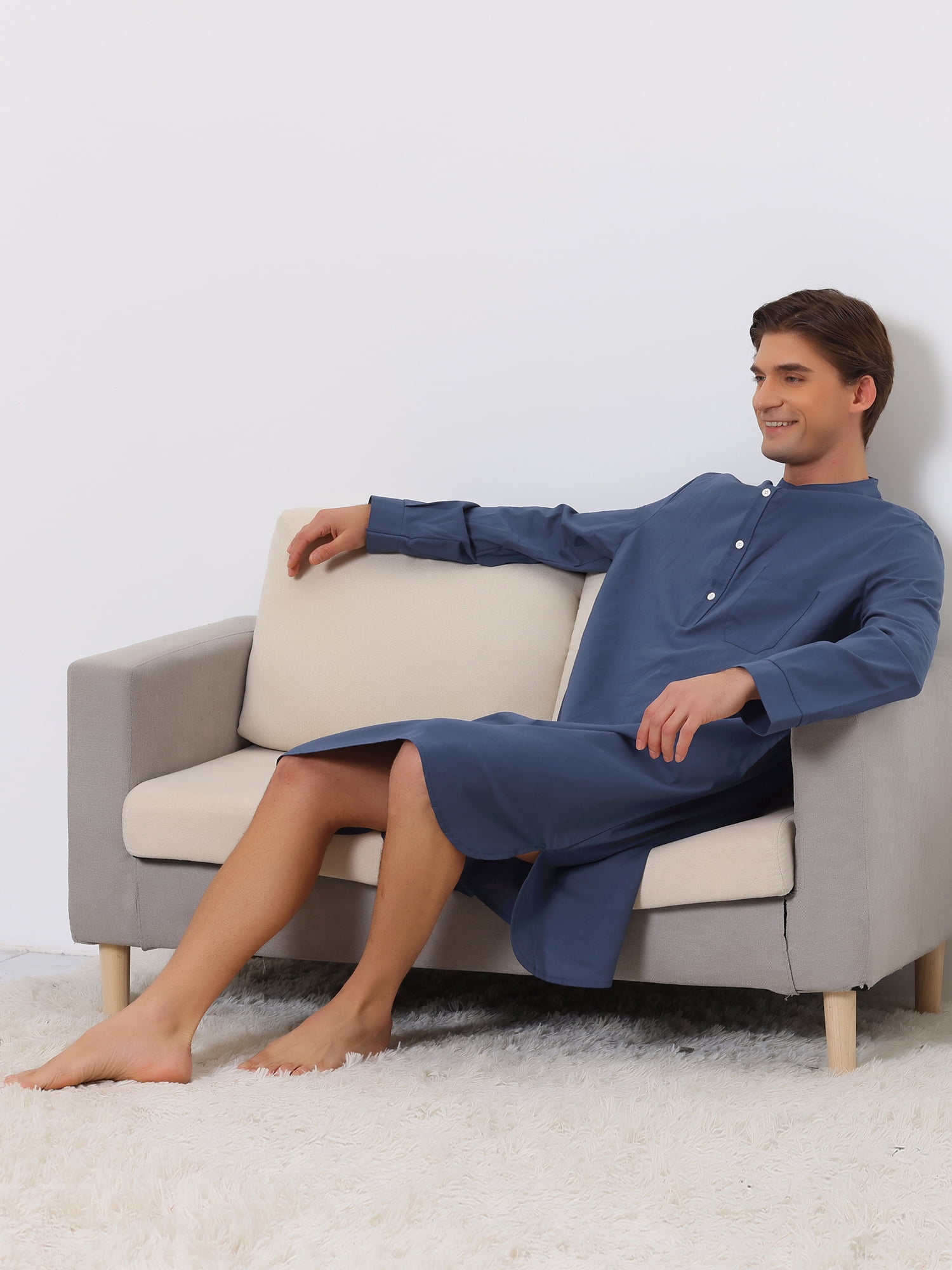 Unique Bargains Men's Banded Collar Nightshirt Sleep Shirt Nightgown L Navy