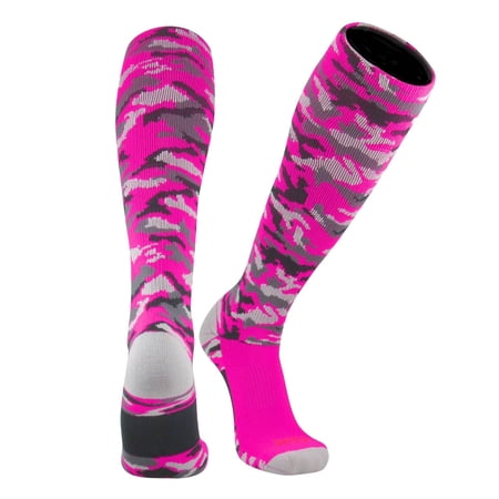 TCK Elite Woodland Camo Hot Pink Breast Cancer Football Baseball Knee-High Socks (L, Hot Pink)