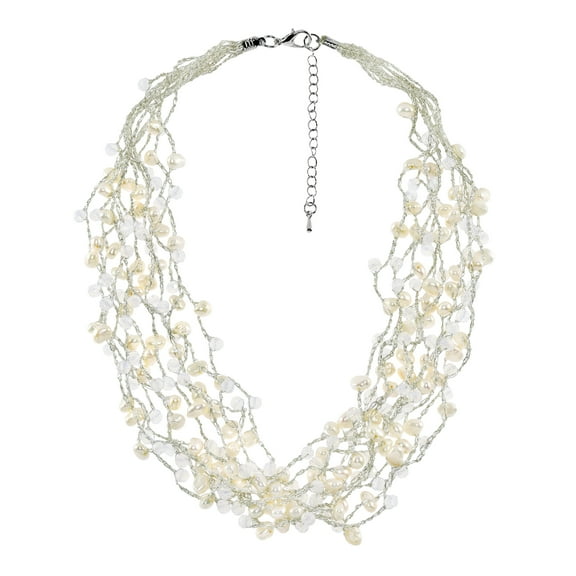 Multi Strand Medley of Pure White Freshwater Pearls and Crystals Necklace