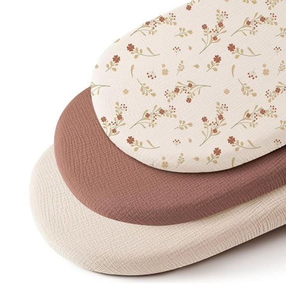 Muslin Bassinet Sheets for Baby Girl Boy, 3 Pack Soft Breathable Baby Bassinet Mattress Sheets Fit for Hourglass Oval Cradle, Moses Basket Rectangle Mattress