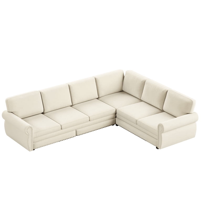 118" L-Shaped Convertible Sleeper Couch Bed, Chenille Upholstered Sectional Sofa with Pull-Out Sofa Bed, Modern Chesterfield Sofa for Living Room