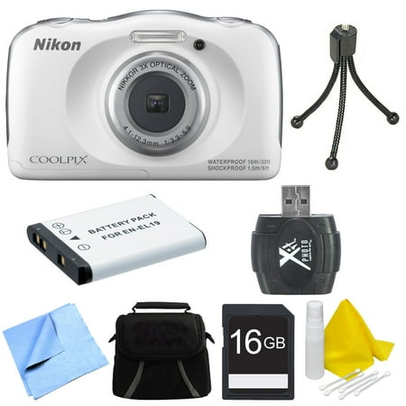 Nikon COOLPIX S33 13.2MP Waterproof Shockproof Digital Camera White Deluxe 16GB Bundle - Includes Camera, Card Reader, Gadget Bag, 16GB Memory Card, Battery, Mini Tripod and More