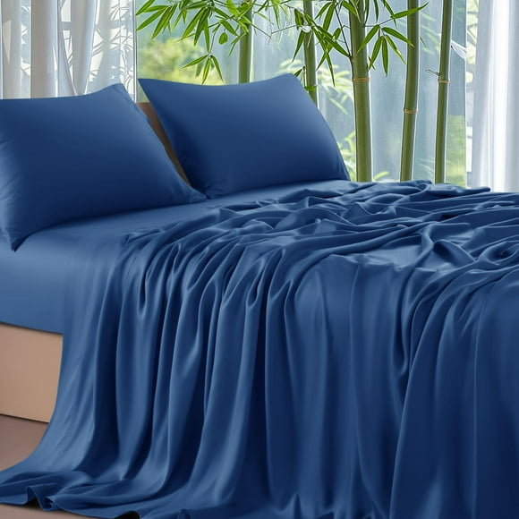 Shilucheng 100% Viscose Derived from Bamboo_ Sheets Cal King Size 4pcs - Ultra Cooling & Silky Soft Bed Sheets 16"" Deep Pocket Perfect for Hot Sleepers Hotel Bedding Sheets (Navy Blue)