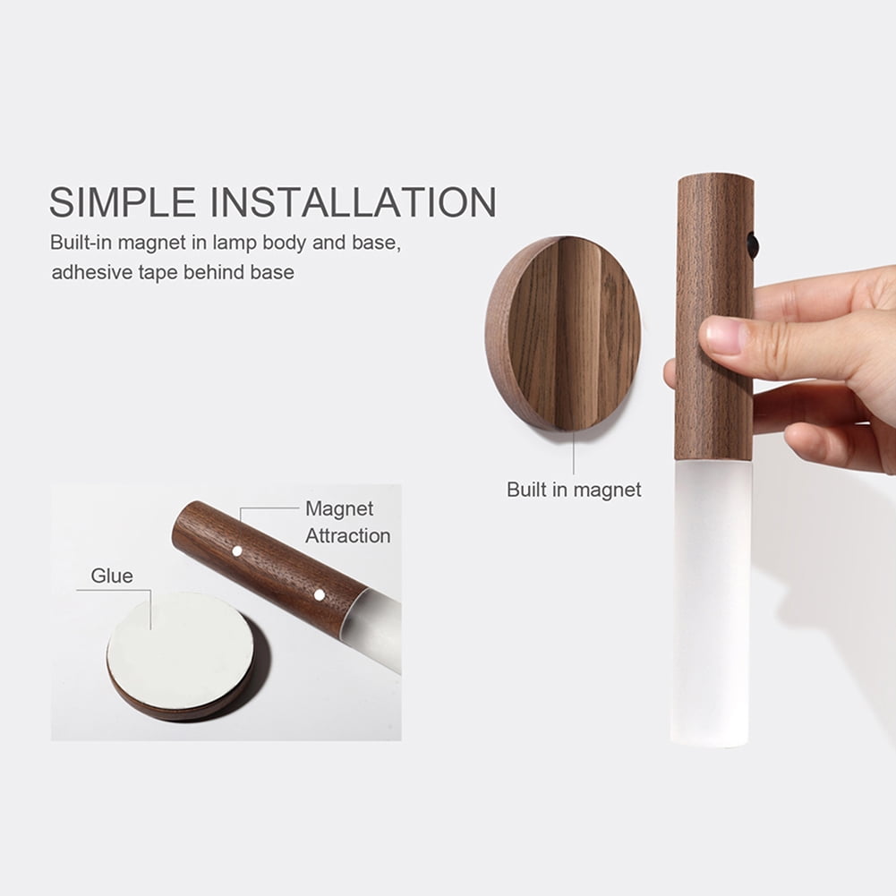 LANDGOO Auto PIR Motion Sensor Night Light LED Magnetic Wall Light Rechargeable Intelligent Wood Wall Kitchen Cabinet Wardrobe Lamp (White Ash Wood)