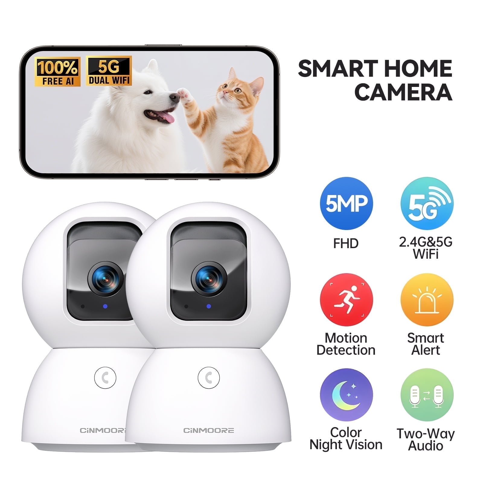 CINMOORE 3K Indoor Home Camera w/ No Monthly Fees AI Tracking&Face ID, Pet/Dog Camera Indoor w/Phone App, 2.4/5GHz WiFi Camera for Home Security Baby Monitor, Pan/Tilt, Full Duplex 2-Way Audio, 2Pack