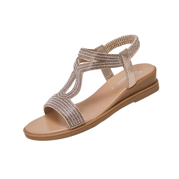 KIJBLAE Plus Size Women's Sparkly Rhinestone Wedge Sandals, Solid Round Open Toe, Thick Platform Sole, Elegant Elevated Summer Footwear Gold 40