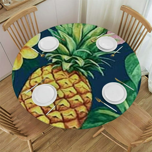 Round Fitted Tablecloth with Elastic Tropical Pineapple Elastic Table Cover Round Elastic Tablecloth for Round Table