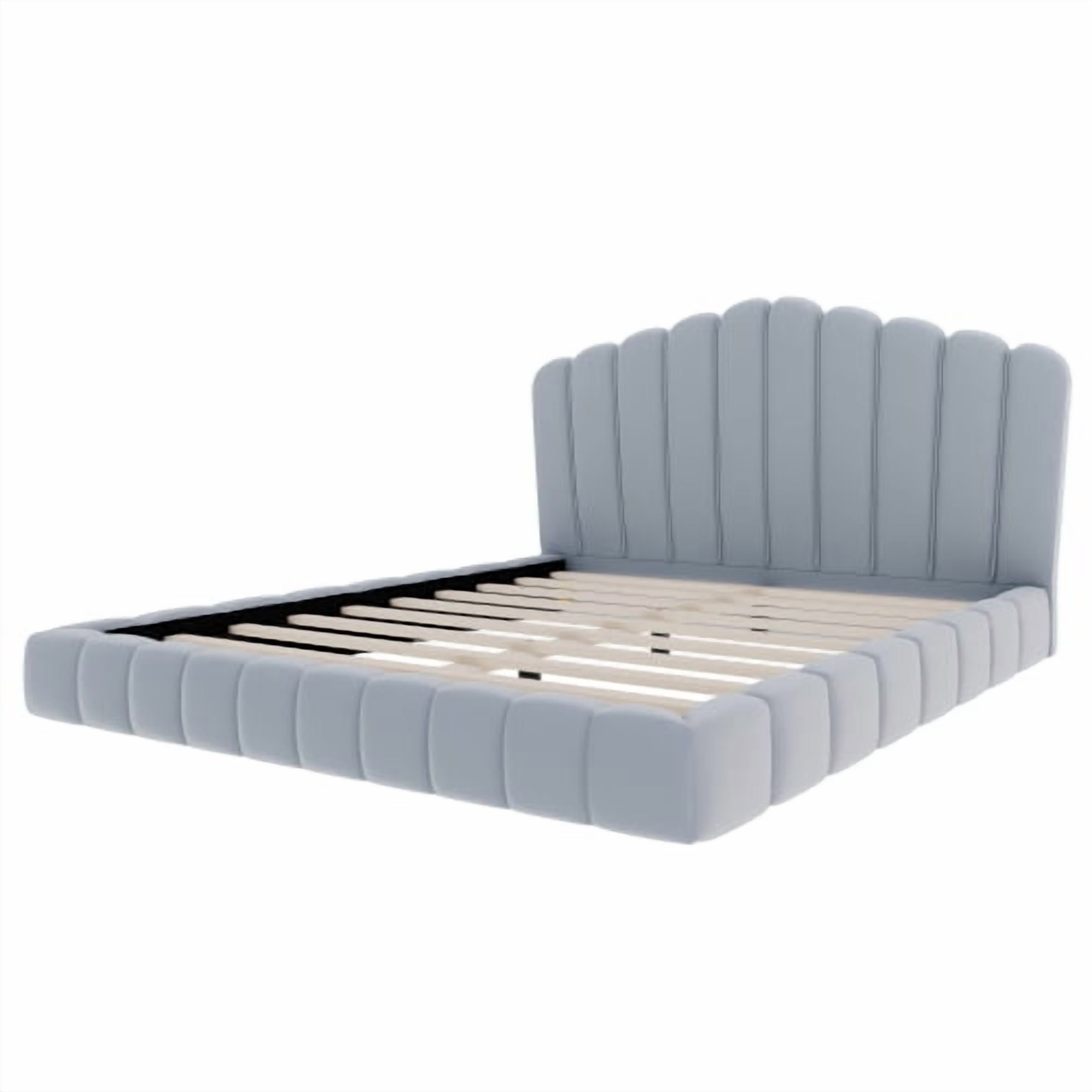 Velvet Upholstered Queen Floor Bed Frame with Shell-Shaped Headboard, No Box Spring Needed, Low Profile Platform Bed for Bedroom, Light Blue