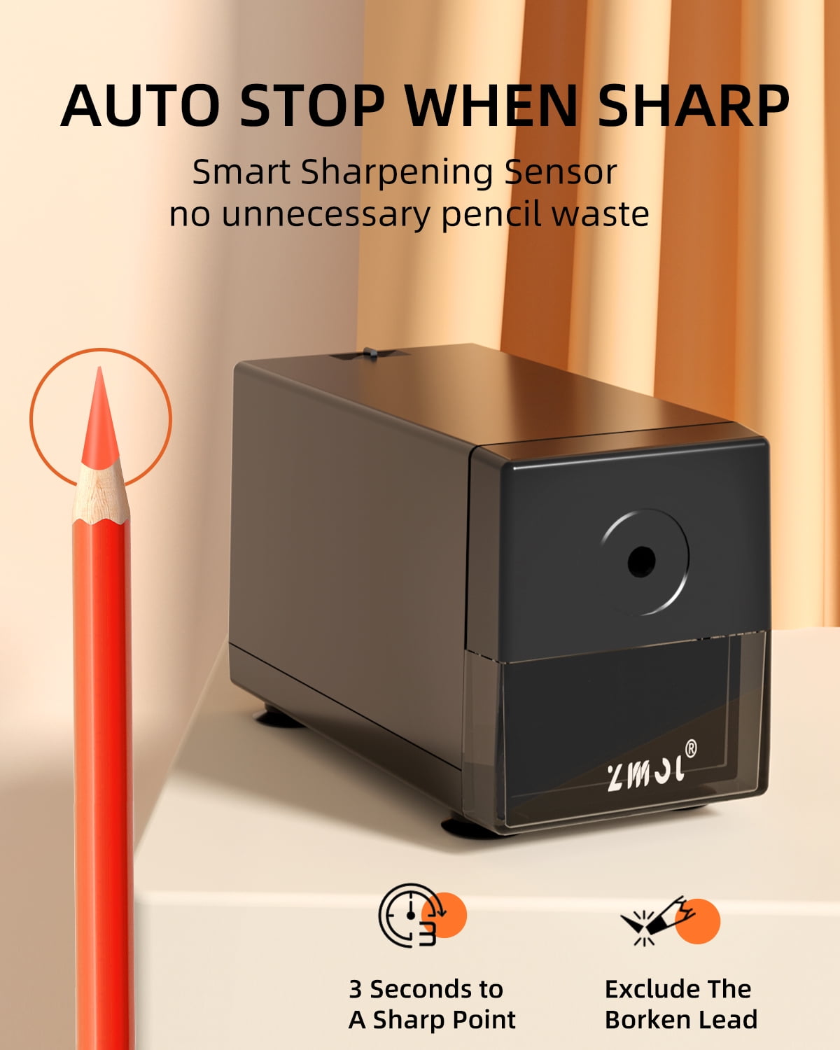 Zmol Electric Pencil Sharpeners, Pencil Sharpener Plug in for Classroom, Heavy Duty, Auto-Stop, Black