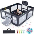 thumbnail image 1 of INFANS 74" x 62" Baby Playpen with Soft Mat, Basketball Hoop, 2 Soccer Goals, 4 Handles & 50 Ocean Balls, Breathable Mesh, Indoor & Outdoor Large Play Yard for Toddlers, 1 of 10