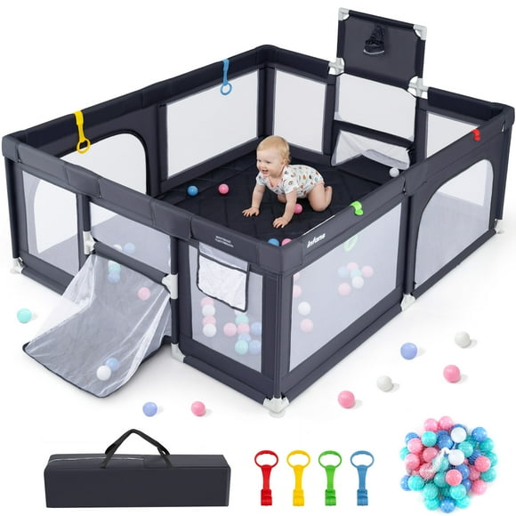 INFANS Parc pour Bébé 74 Pouces x 62 Pouces avec Tapis Doux, Panier de Basketball, 2 Buts de Soccer, 4 Poignées et 50 Balles d'Océan, Maille Respirante, Grand Parc Intérieur et Extérieur pour Tout-Petits