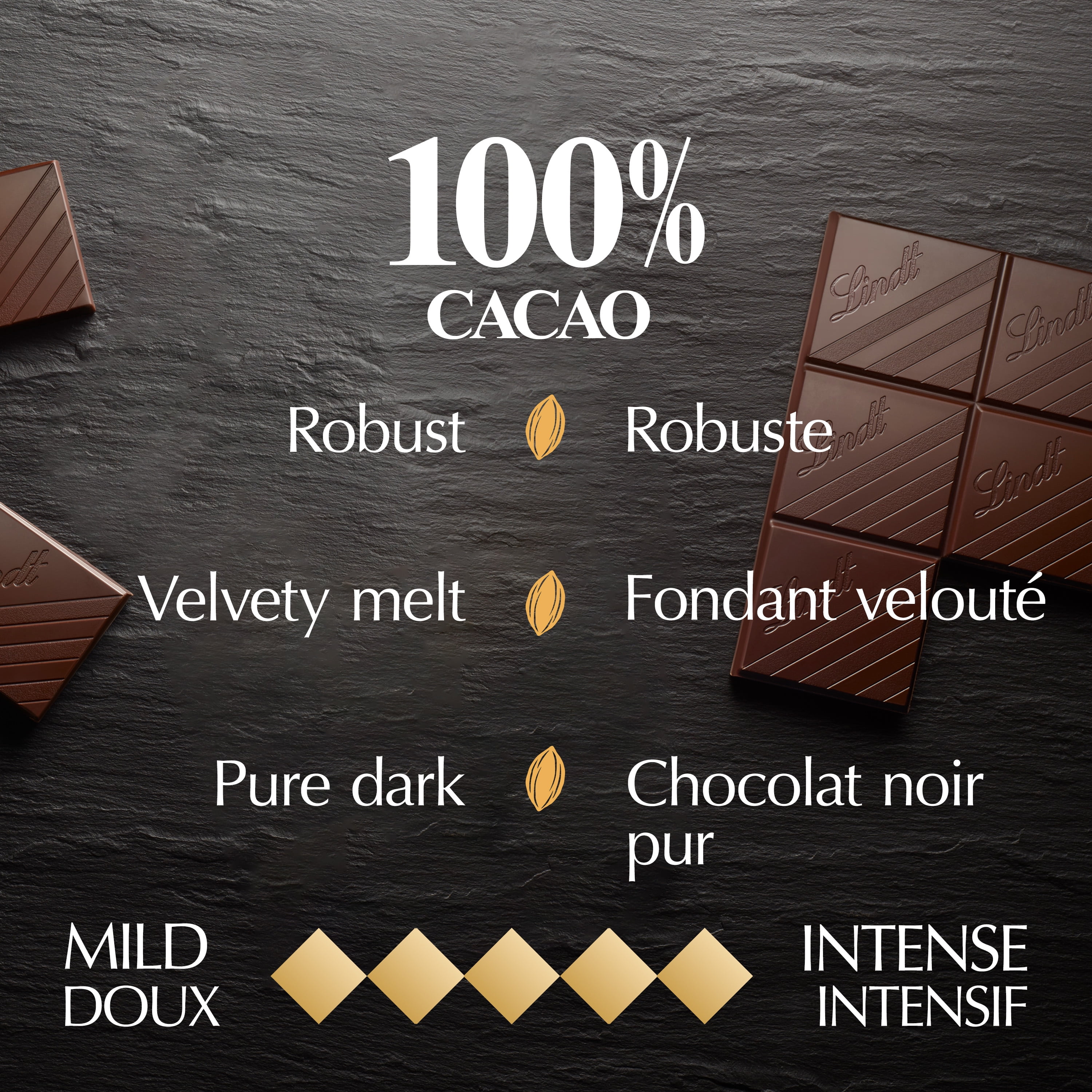 Chocolat noir Lindt EXCELLENCE à 100 % de cacao – Barre (50 g) Contient du cacao pur à 100 %.