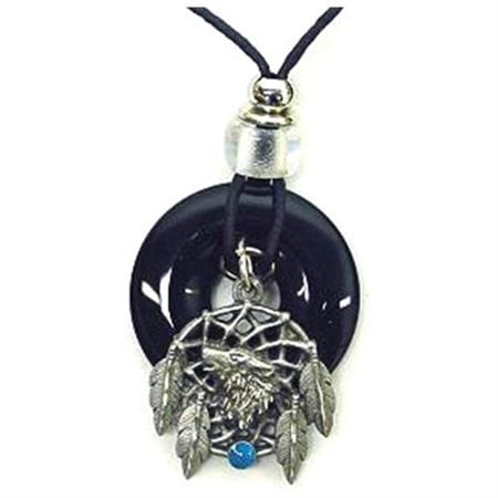 Siskiyou Gifts OP216 Onyx and Diamond Cut Necklace- Wolf Dream Catcher