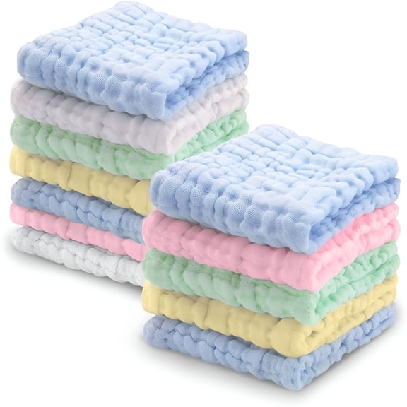 AUQ Baby Muslin Washcloths 12 Pack for Sensitive Skin,6-Layer Cotton Bath Towel,Soft Newborn Baby Face Wipes,Wash Cloths for Babies Great Shower Gift,12 X 12 Inches