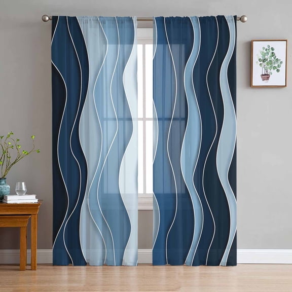 Abstract Blue Moire Sheer Curtains 63 Inch Length 2 Panels Set for Living Room/Bedroom, Gradient Coastal Ocean Geometric Waves Curtain Sheers Drapes Rod Pocket Curtains Window Treatment 52''x63''x2