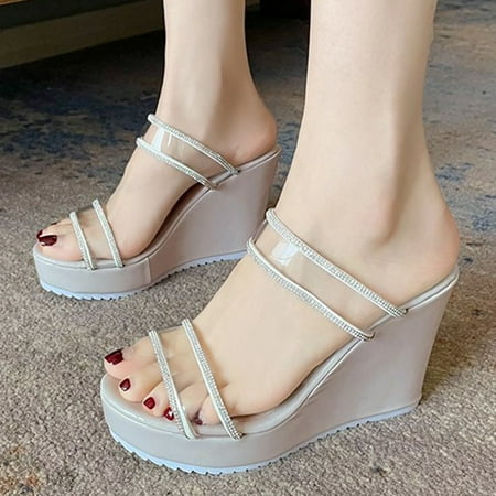 

Slippers for Women Gnobogi Womens Fashion Casual Crystal Wedge High Heel Slip On Platform Sandals Shoes